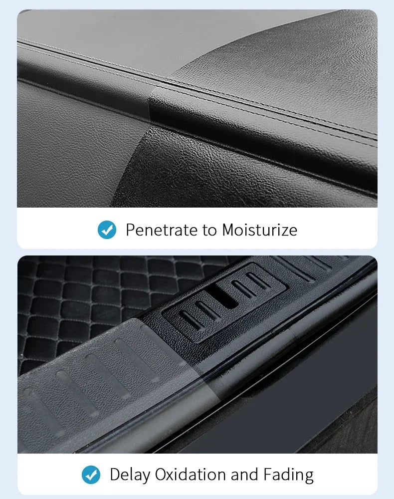 Close-up of a black car plastic and leather restorer product showing its application and benefits.