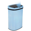A light blue automatic touchless trash can with a black lid and sensor visible on top.