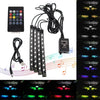 An RGB car underglow strip light system showing the control app, wiring, and various lighting effects.