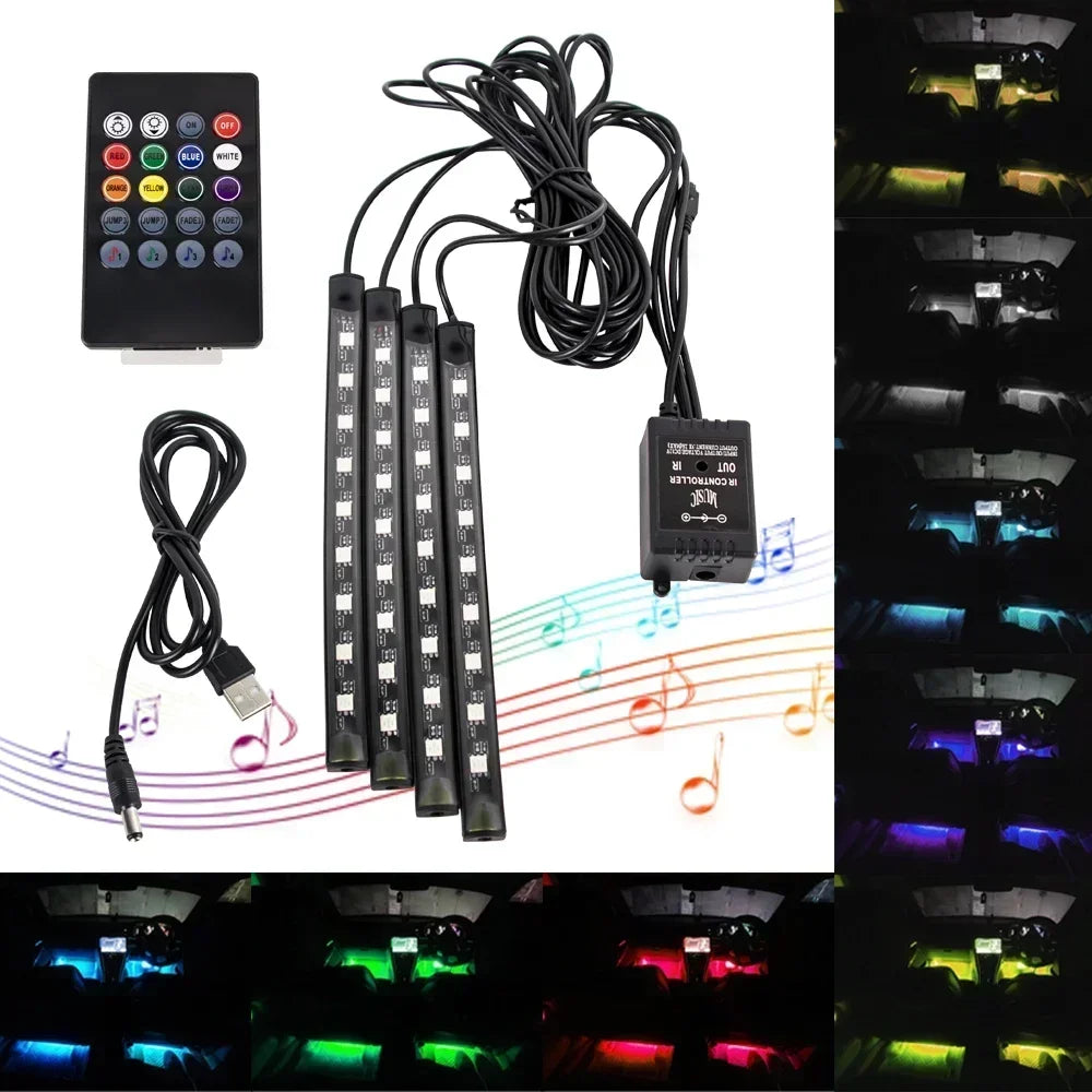 An RGB car underglow strip light system showing the control app, wiring, and various lighting effects.