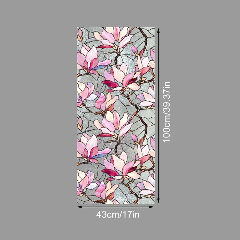 Floral stained glass window film featuring pink and white blossoms on a gray background