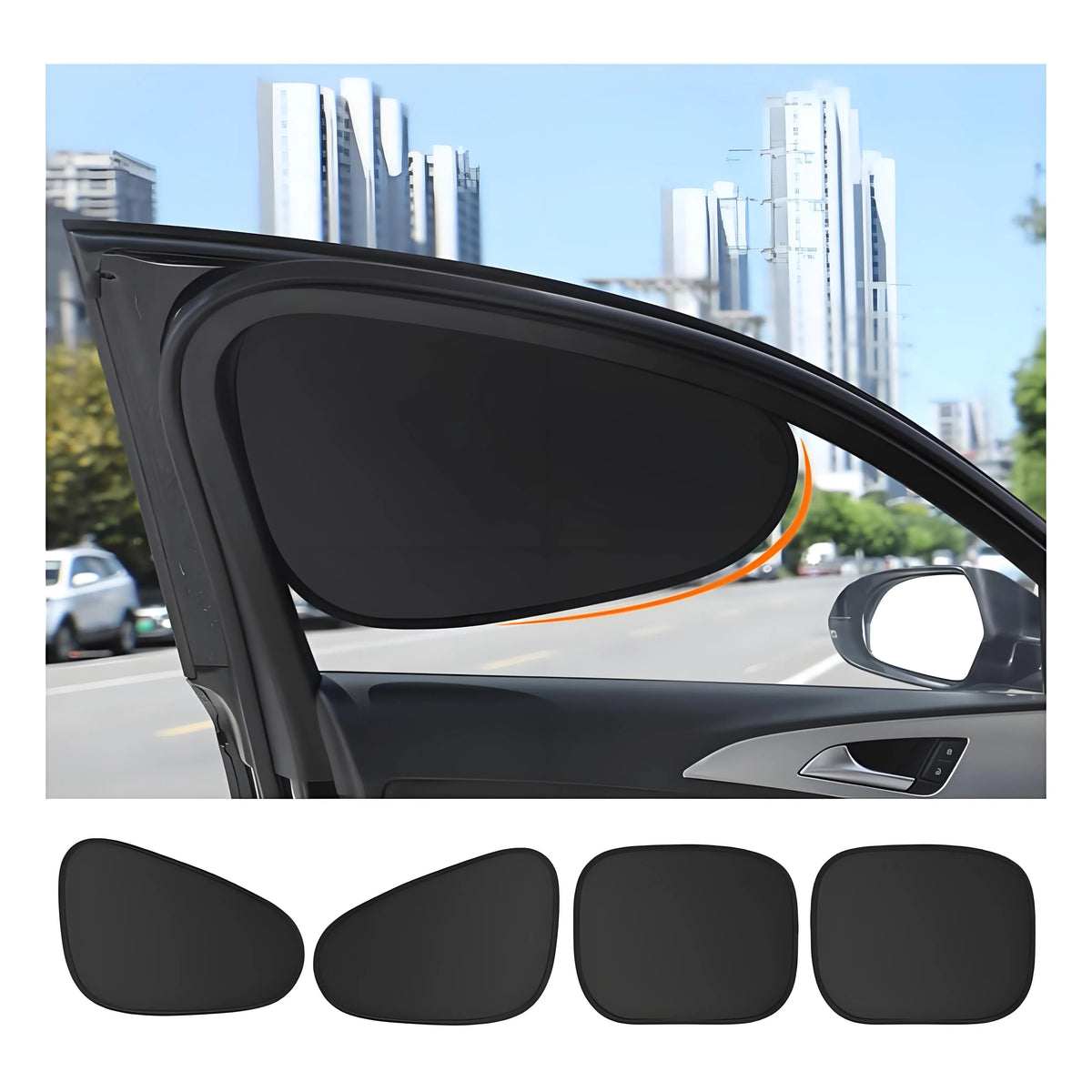 Black electrostatic car window sun shade installed on a vehicle door frame.