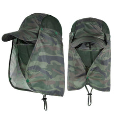 A pair of camouflage patterned UPF 50+ breathable wide brim sun hats for men and women.