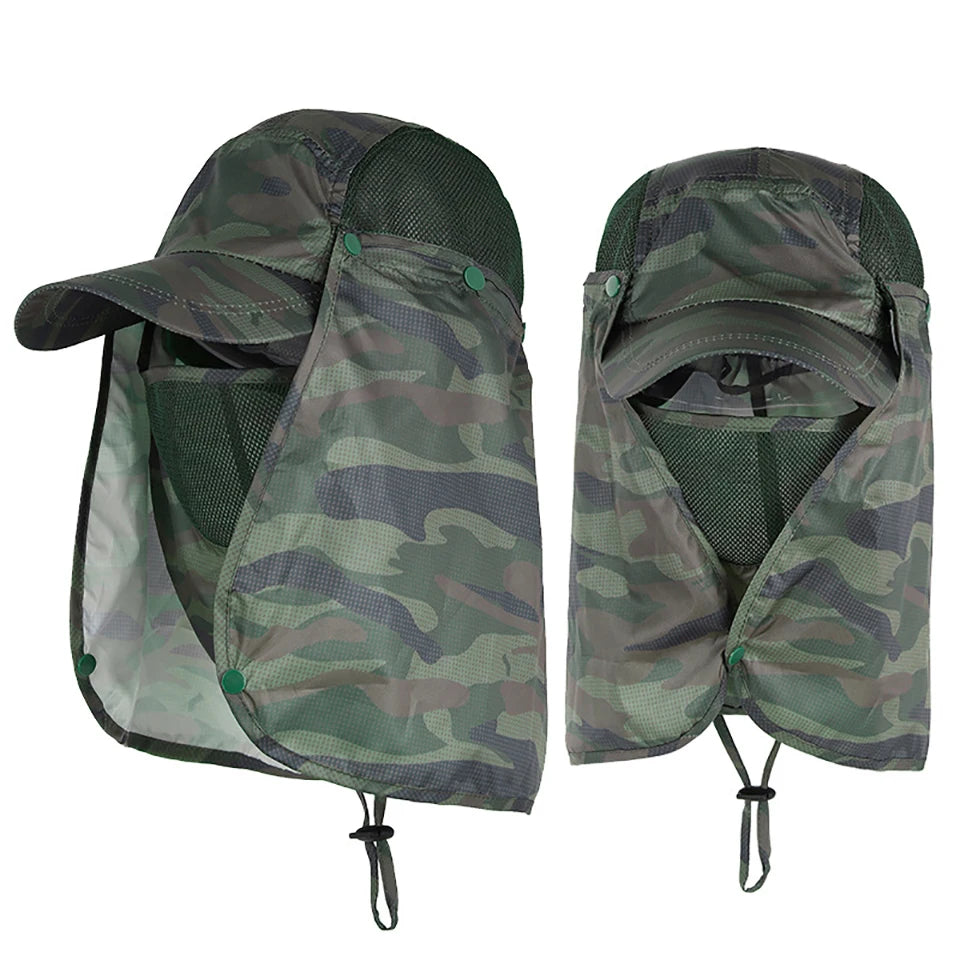 A pair of camouflage patterned UPF 50+ breathable wide brim sun hats for men and women.