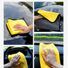 A yellow microfiber cleaning towel is shown being used to wipe a car's surface and a car interior.