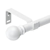 A white decorative curtain rod with a spherical finial and mounting bracket.
