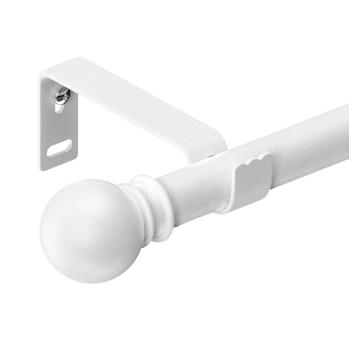 A white decorative curtain rod with a spherical finial and mounting bracket.
