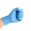 A hand wearing a light blue nitrile disposable glove is making a fist.