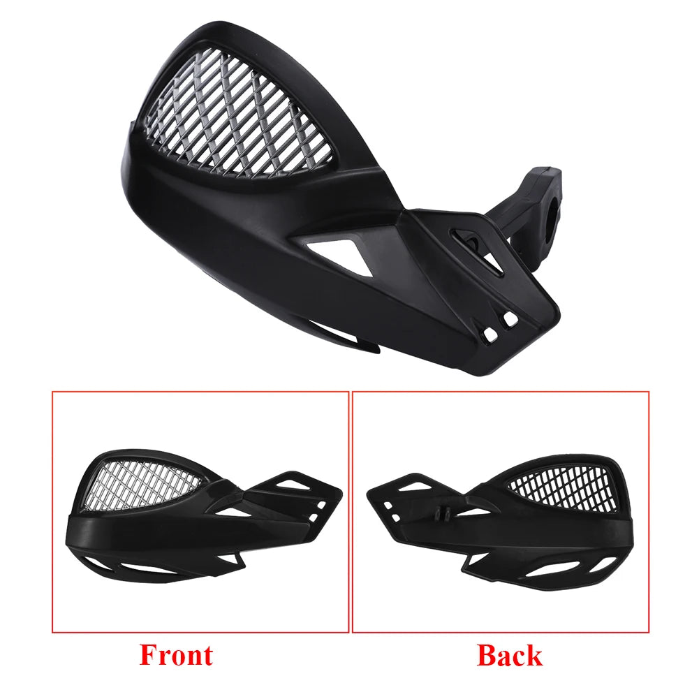 Black universal motorcycle hand guards shown from the front and back views