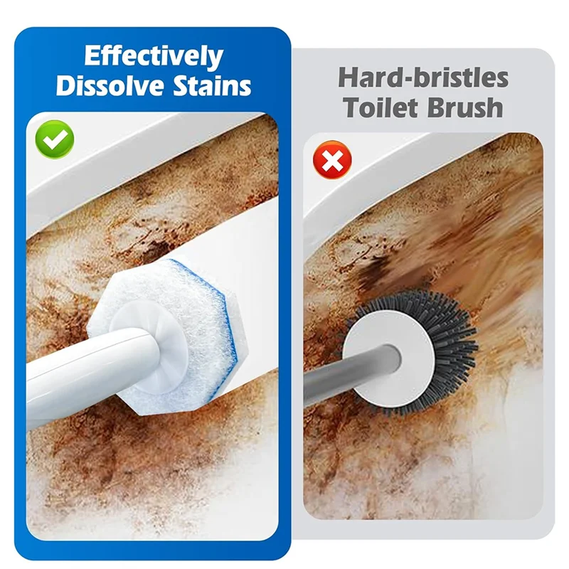 Image showing a cleaning tool effectively dissolving stains on a toilet bowl and a hard-bristles toilet brush.