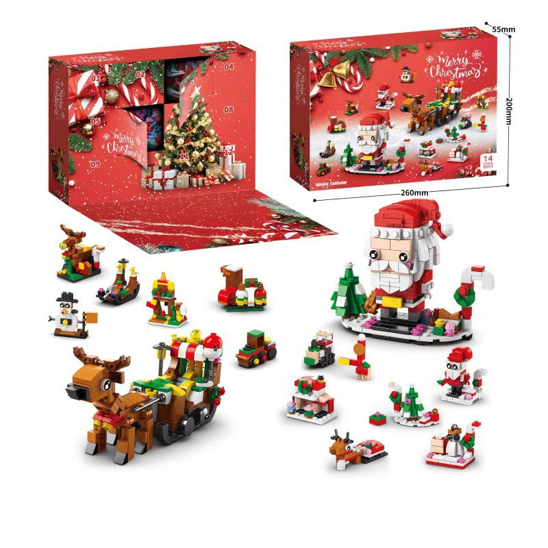 A set of Christmas themed building blocks featuring Santa, reindeer, and festive decorations.