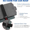 A close-up view of a dark gray car roof accessory featuring a flexible frame design and improved velcro tape for installation