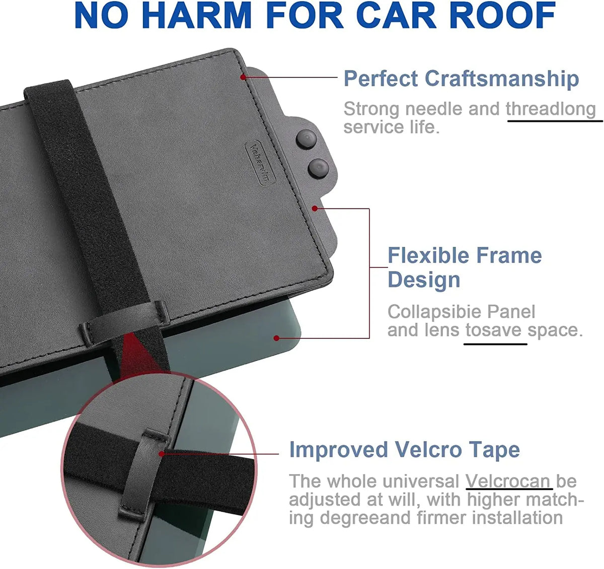 A close-up view of a dark gray car roof accessory featuring a flexible frame design and improved velcro tape for installation