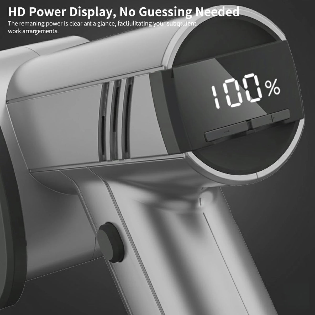 Close-up of a cordless electric cutting scissors device displaying 100% power on an HD power display.