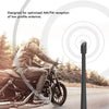 A motorcycle rider is using a low profile antenna designed for optimized AM/FM reception.