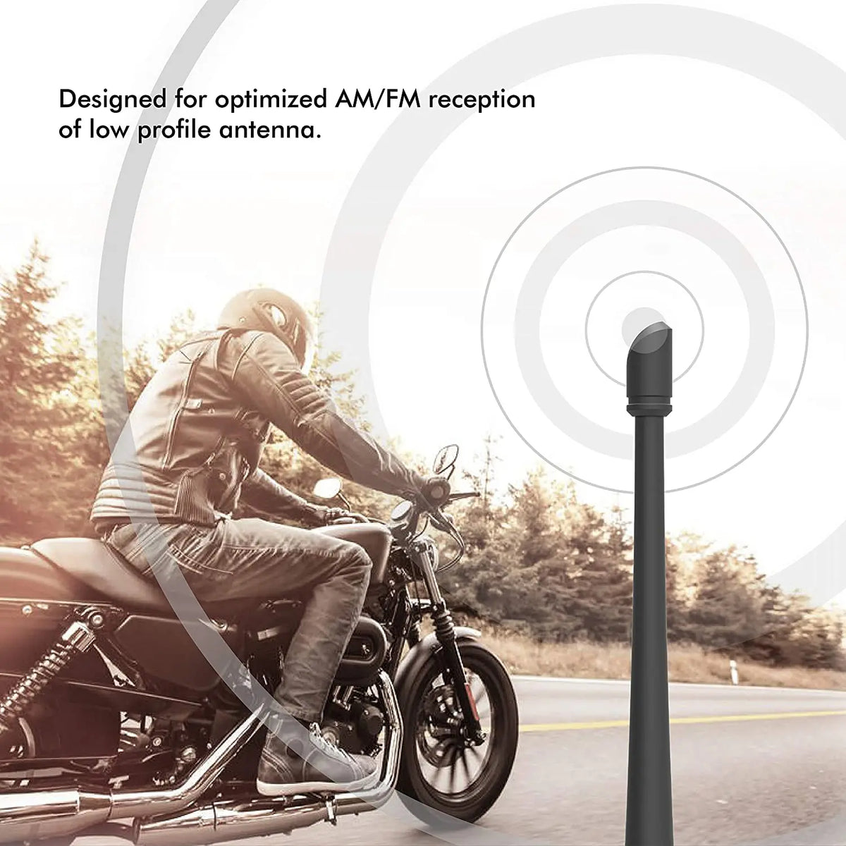 A motorcycle rider is using a low profile antenna designed for optimized AM/FM reception.