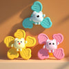 A set of three cute, light blue and pink suction cup spinner bath toys for toddlers.