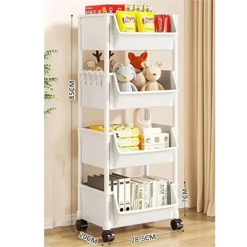 White mobile multi-tier storage cart with wheels featuring multiple shelves for organizing items