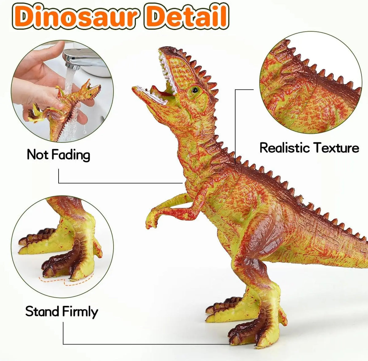 A realistic green dinosaur figurine detail showing texture and durability features.