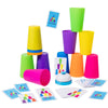 A set of colorful plastic cups and matching cards for a stacking game.