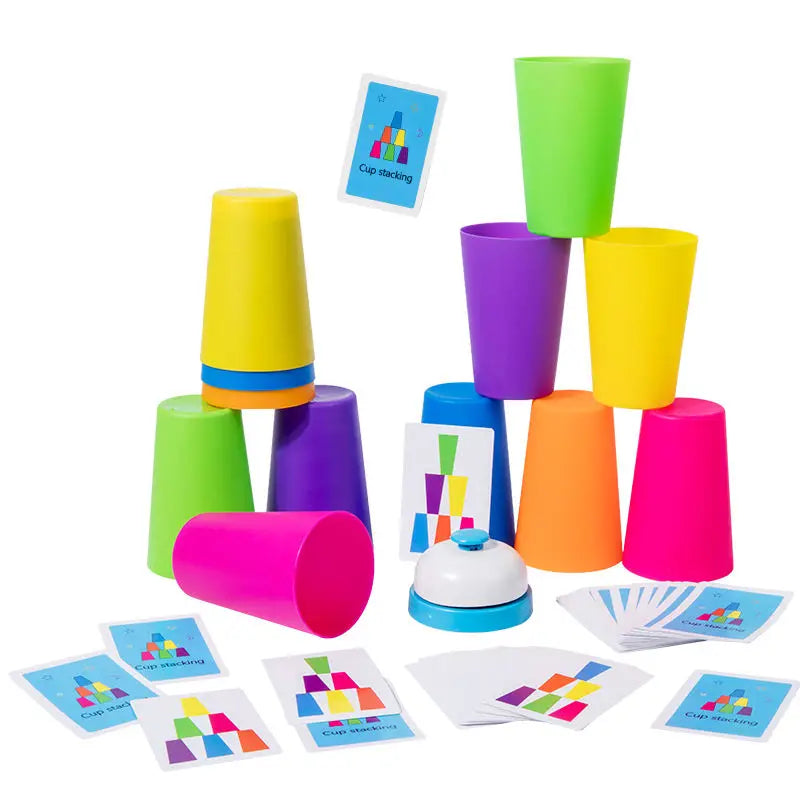 A set of colorful plastic cups and matching cards for a stacking game.