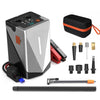 Portable car jump starter kit including air compressor, LED display, and various cables and tools.