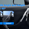 A foldable aluminum laptop stand is shown adjusting the angle and height of a device using a mechanism attached to a car stee