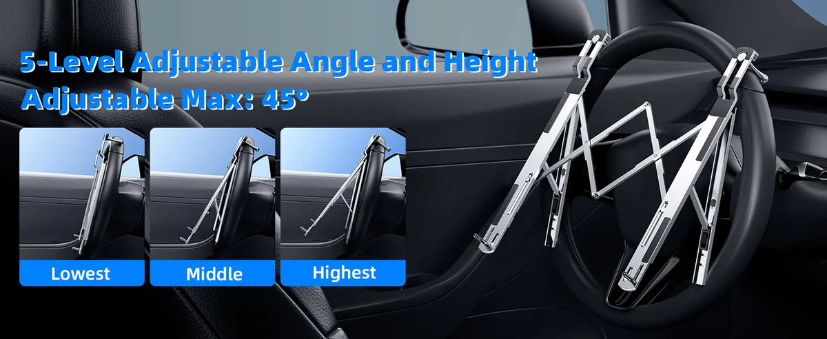 A foldable aluminum laptop stand is shown adjusting the angle and height of a device using a mechanism attached to a car stee