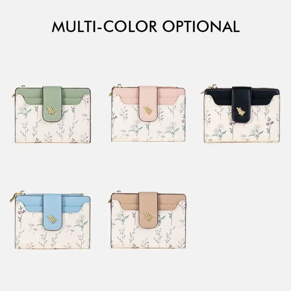 Slim PU Leather Zipper Wallet with Floral Detail
