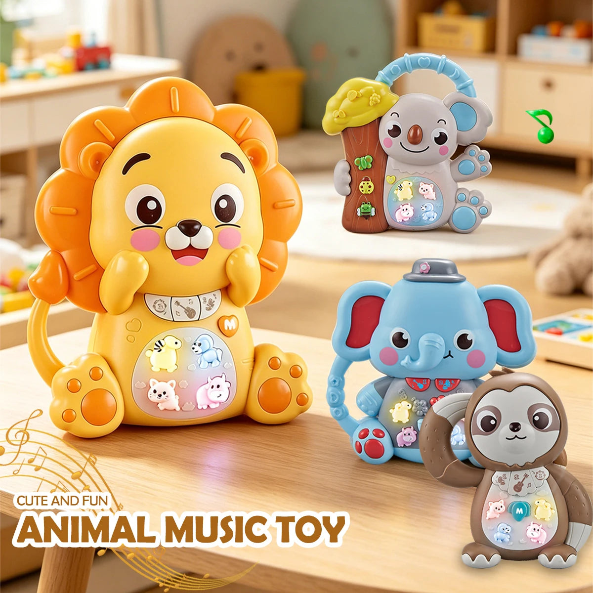 A set of cute and fun musical animal toys including a lion, elephant, and sloth for toddlers.