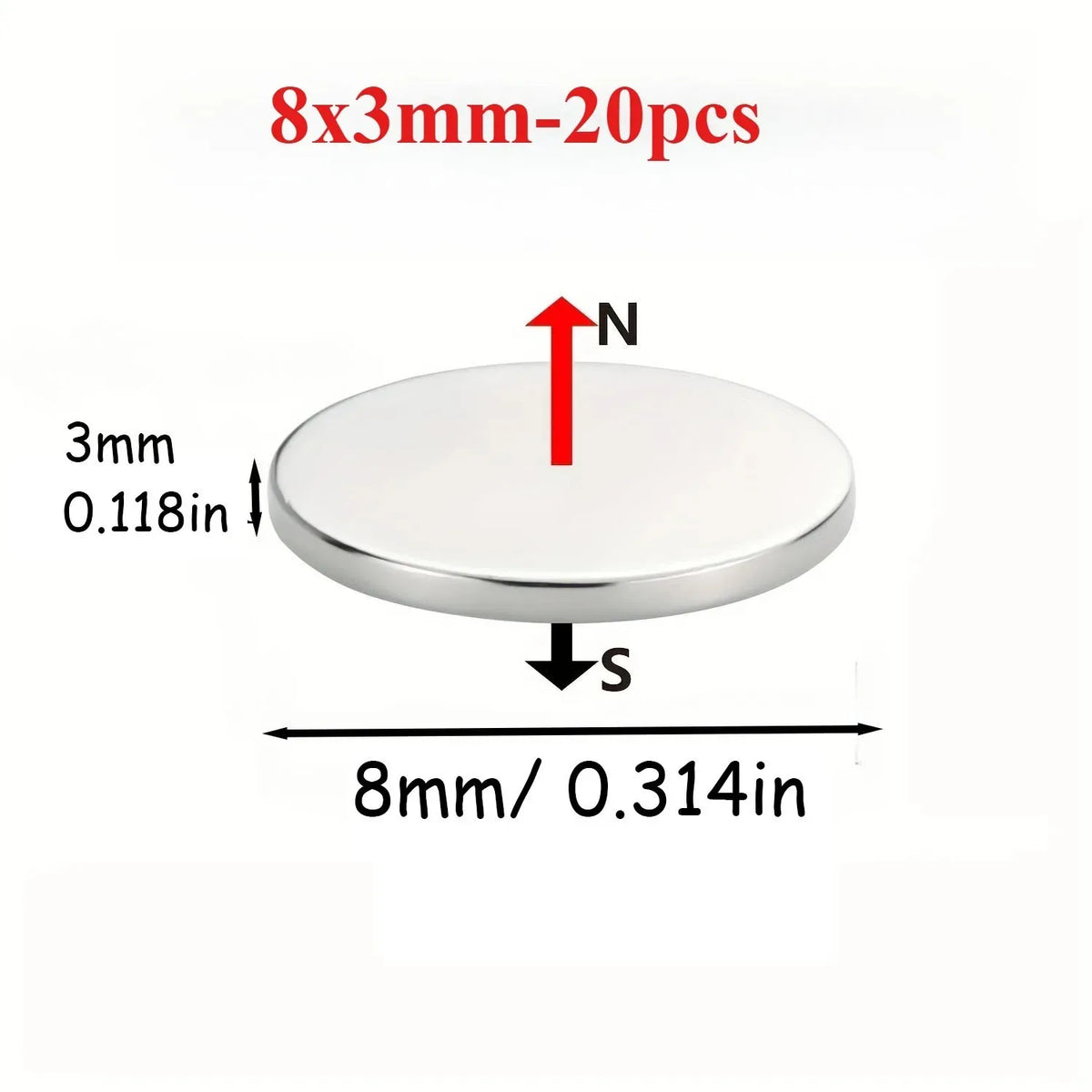 Eight three millimeter magnetic stickers, 20 pieces, shown with dimensions and force indicators.