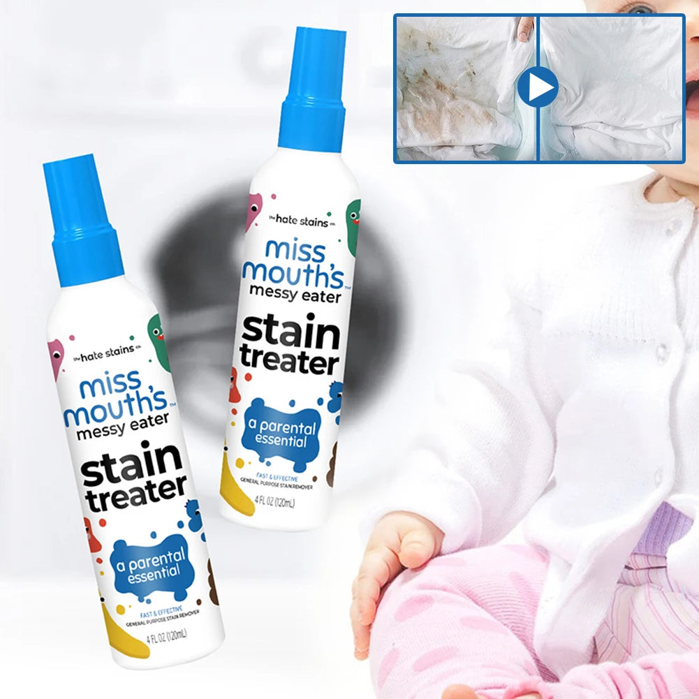 A bottle of miss mouth's stain treater spray with a blue cap and a close-up view of the product.
