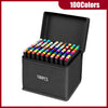 A black box containing 100 alcohol markers with various vivid colors, displayed against a white background.