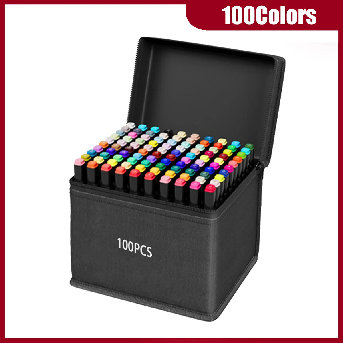A black box containing 100 alcohol markers with various vivid colors, displayed against a white background.