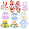 A set of three adorable outfits for baby dolls including a pink strawberry dress, a pink striped romper, and a yellow fruit o