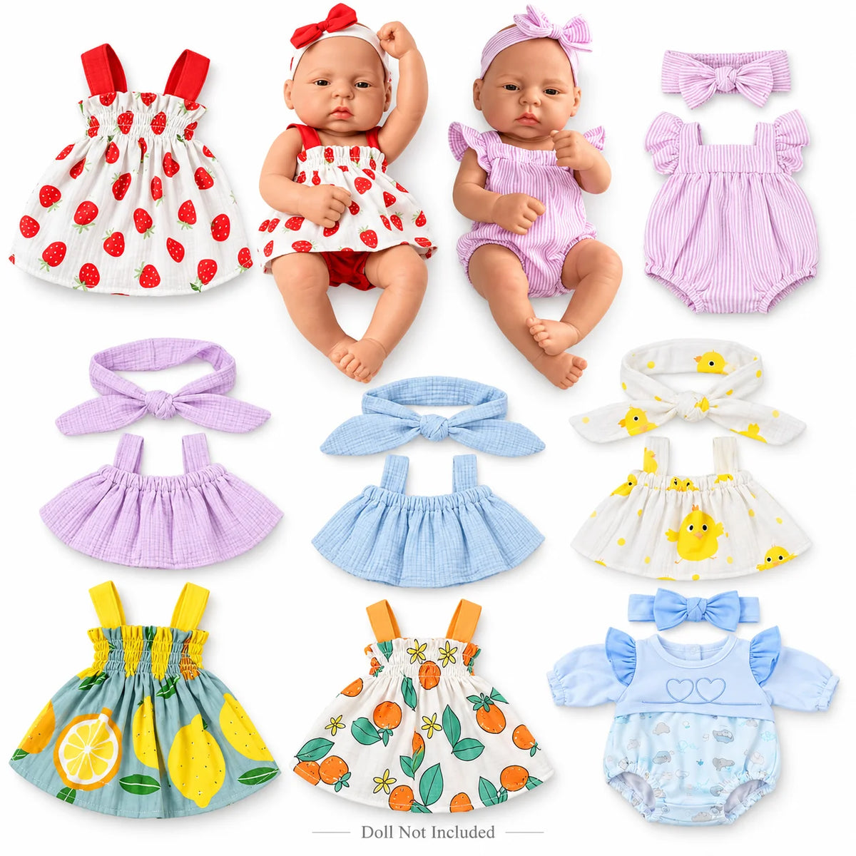 A set of three adorable outfits for baby dolls including a pink strawberry dress, a pink striped romper, and a yellow fruit o