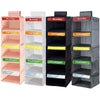 A set of five-layer hanging closet organizers with labeled daily pockets for weekly organization.