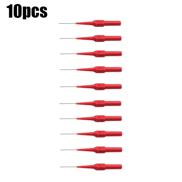 A set of ten red multimeter back-piercing test probes with needle tips.