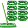 A set of green reusable microfiber mop pads for wet and dry cleaning, including a handle.