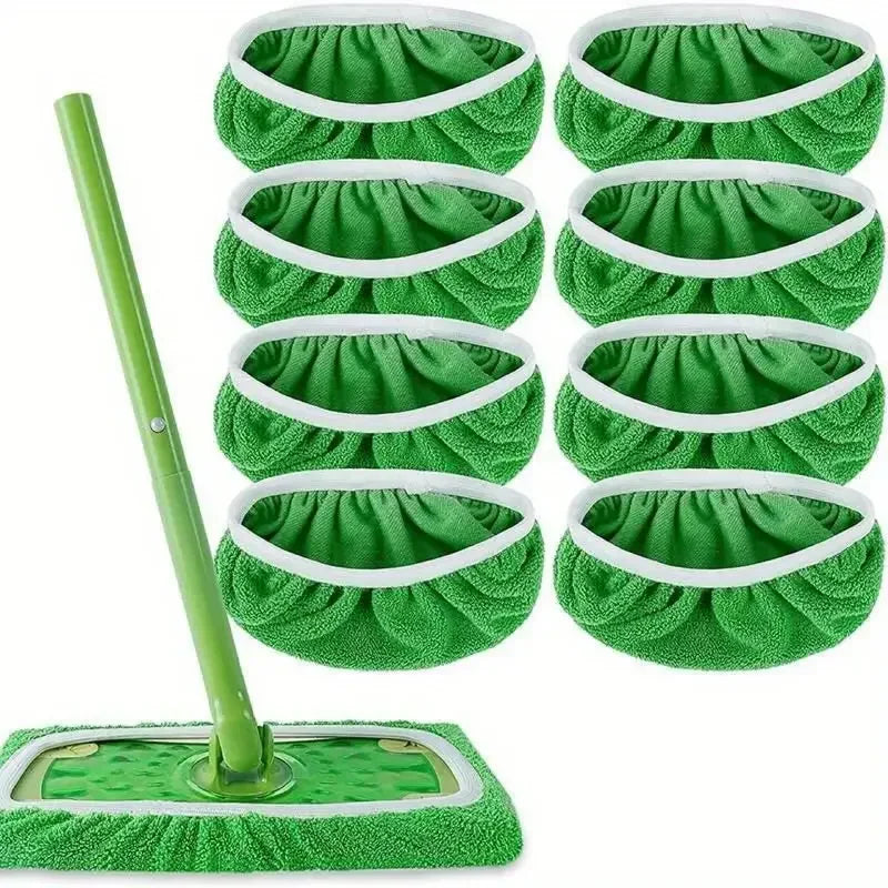 A set of green reusable microfiber mop pads for wet and dry cleaning, including a handle.