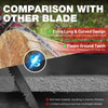 Comparison graphic showing a blade design with extra long and curved features versus a straight design.