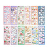 Eine Sammlung von 12 Panels mit verschiedenen kawaii Cartoon-Tieraufklebern in Pastellfarben und Designs.