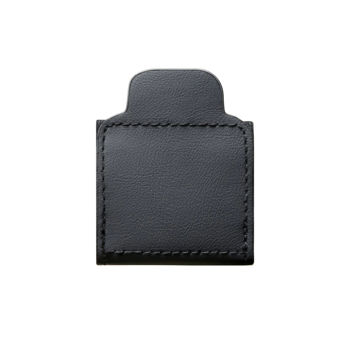 A black PU leather seat belt adjuster clip.