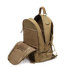 A tan tactical backpack with a MOLLE system and a separate leather pouch is shown from the top view.