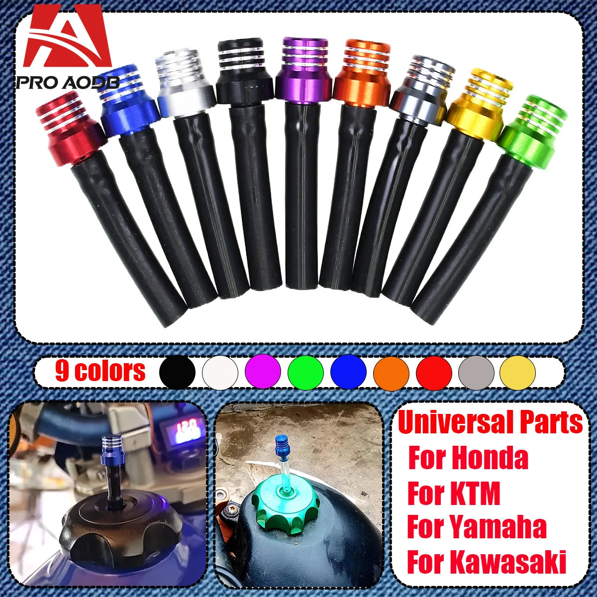 A collection of nine colored motorcycle one-way fuel tank breather valves for Honda, KTM, Yamaha, and Kawasaki.