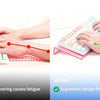 Before and after comparison showing the ergonomic design of an acrylic keyboard riser for wrist comfort