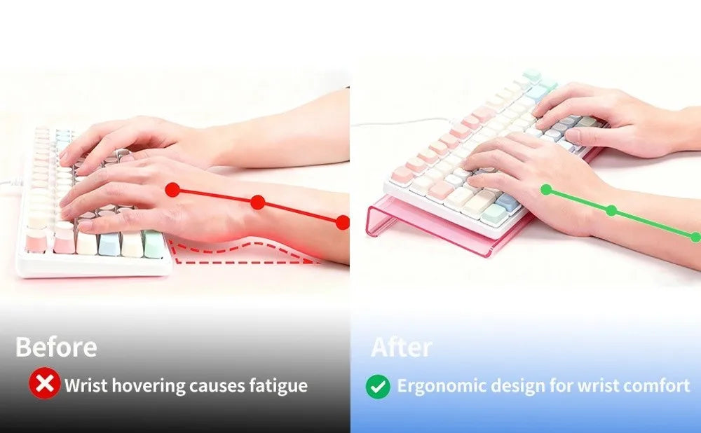 Before and after comparison showing the ergonomic design of an acrylic keyboard riser for wrist comfort