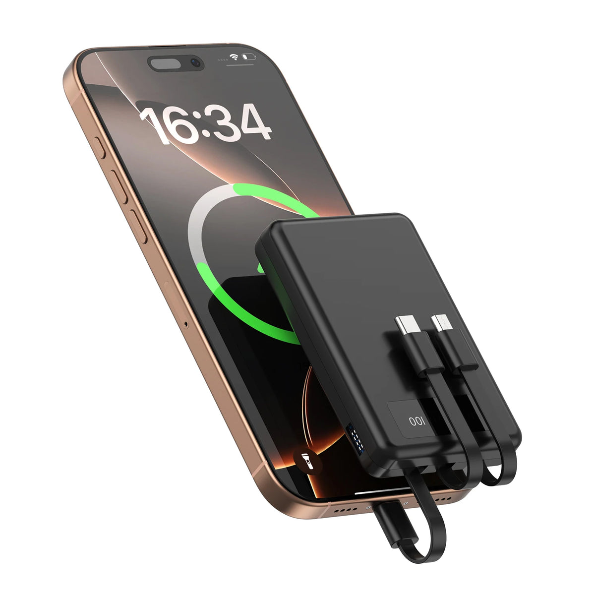 Slim 10000mAh Power Bank with Digital Display and Built-In Cables