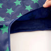A dark blue foldable eco-friendly shopping bag with green stars is shown being folded.