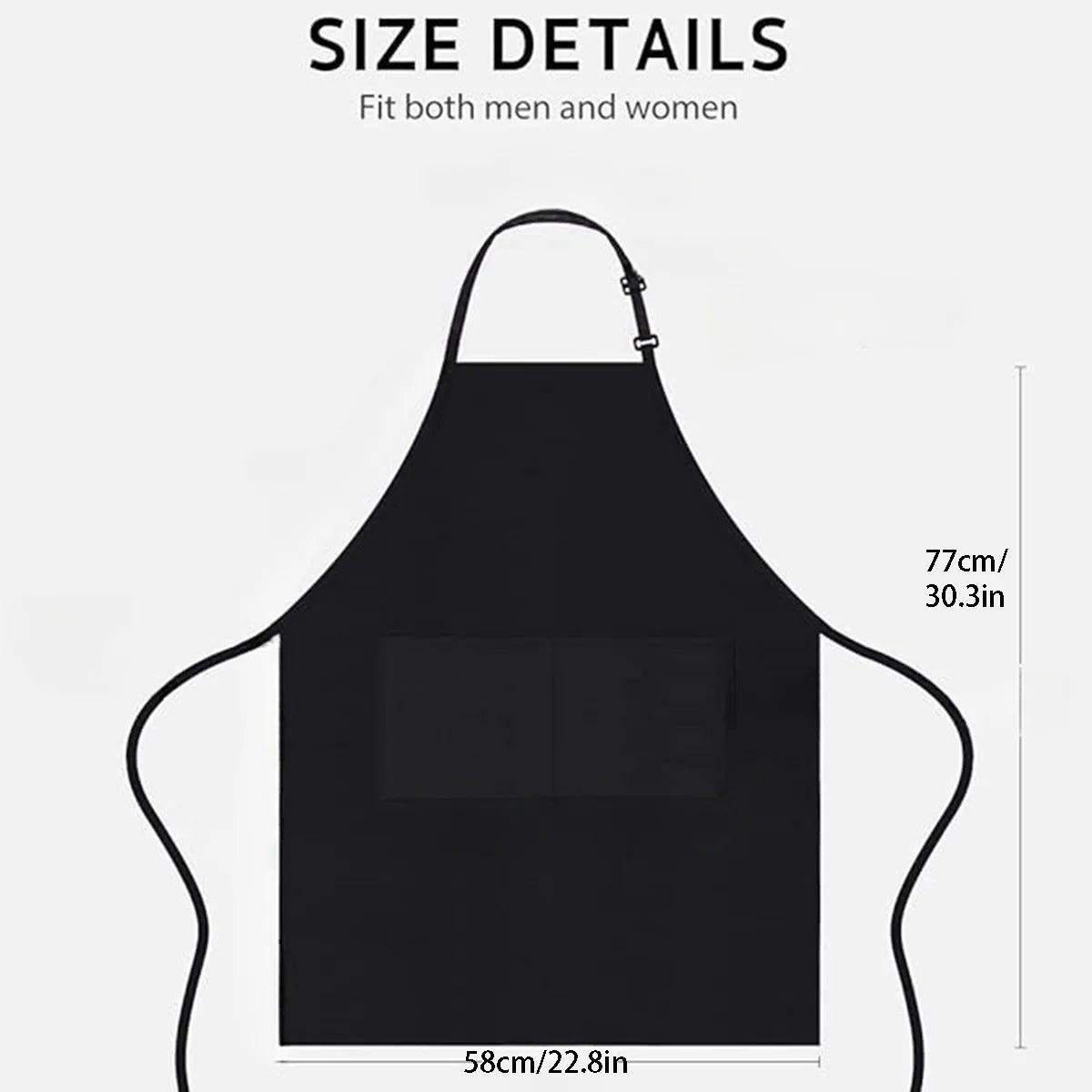 Black unisex kitchen apron with pockets shown flat lay for size details